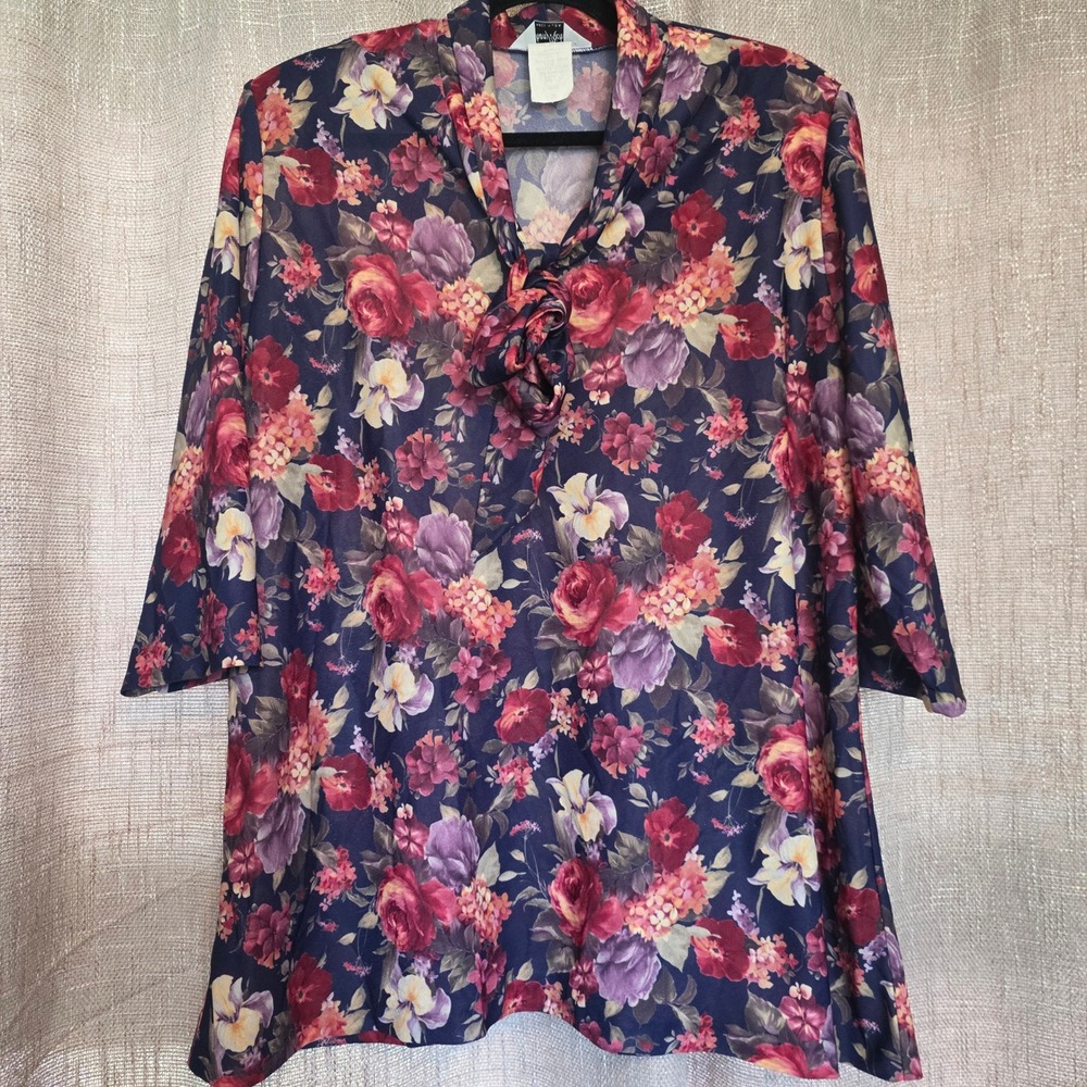 Vintage Anthony Richards Floral Blouse 20W Navy Botanical Knot Neck 3/4  Sleeve